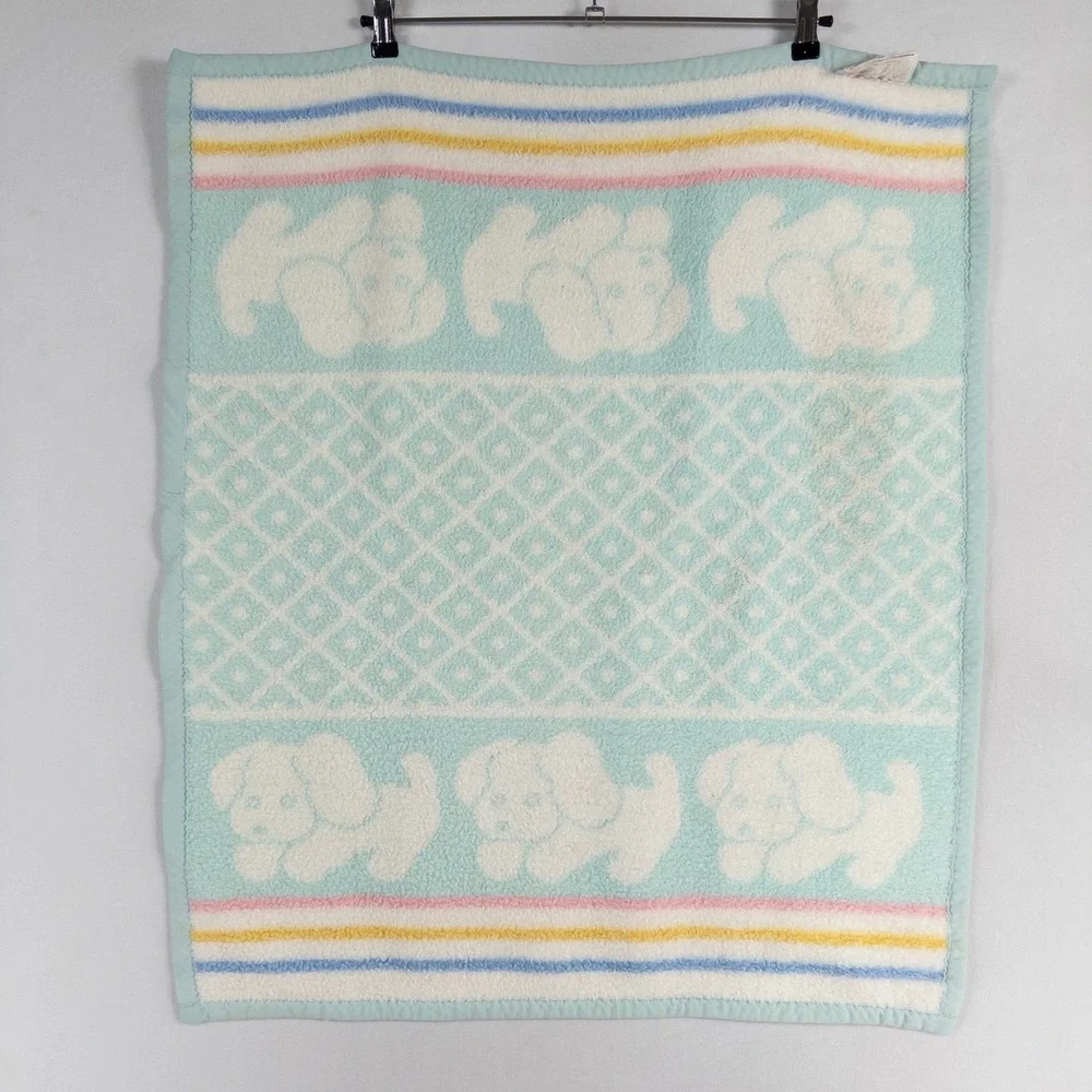 Vintage Biederlack Baby Blanket Multicolor Pastel Puppies Geometric Striped *